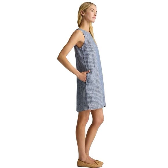 Quince European Linen Tank Mini Dress Size Small Chambray Striped Blue Pockets - Picture 2 of 12